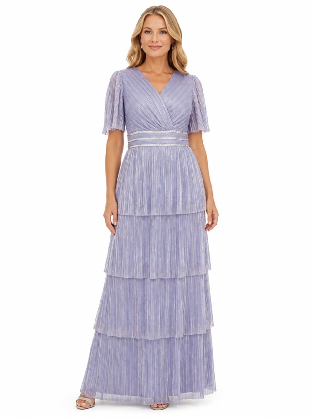R&M Richards -  Tiered Metallic Pleated Rhinestone Waist Gown